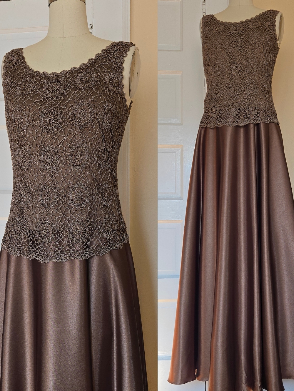 Brown sleeveless floor length prom gown with crochet beaded bodice, satin skirt